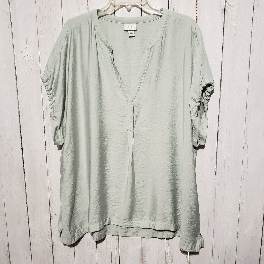 Ava & Viv‎ 2X Top Blouse Henley Mint Green Dolman Short Sleeve Rayon Women's